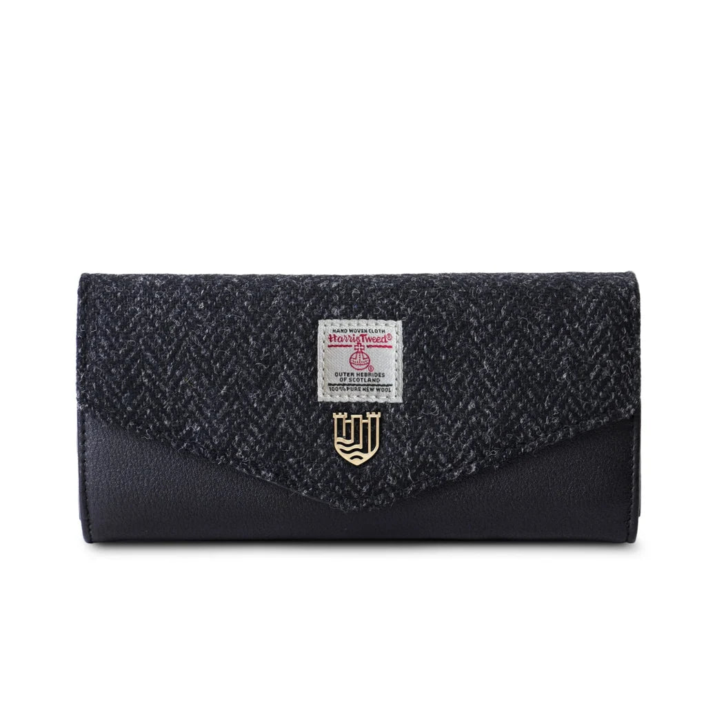 Islander Large Clasp Purse with Harris Tweed - Black Herringbone