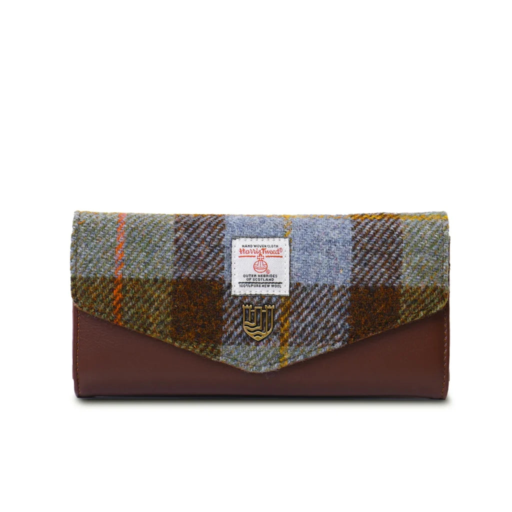 Islander Large Clasp Purse with Harris Tweed - Chestnut-Blue Tartan