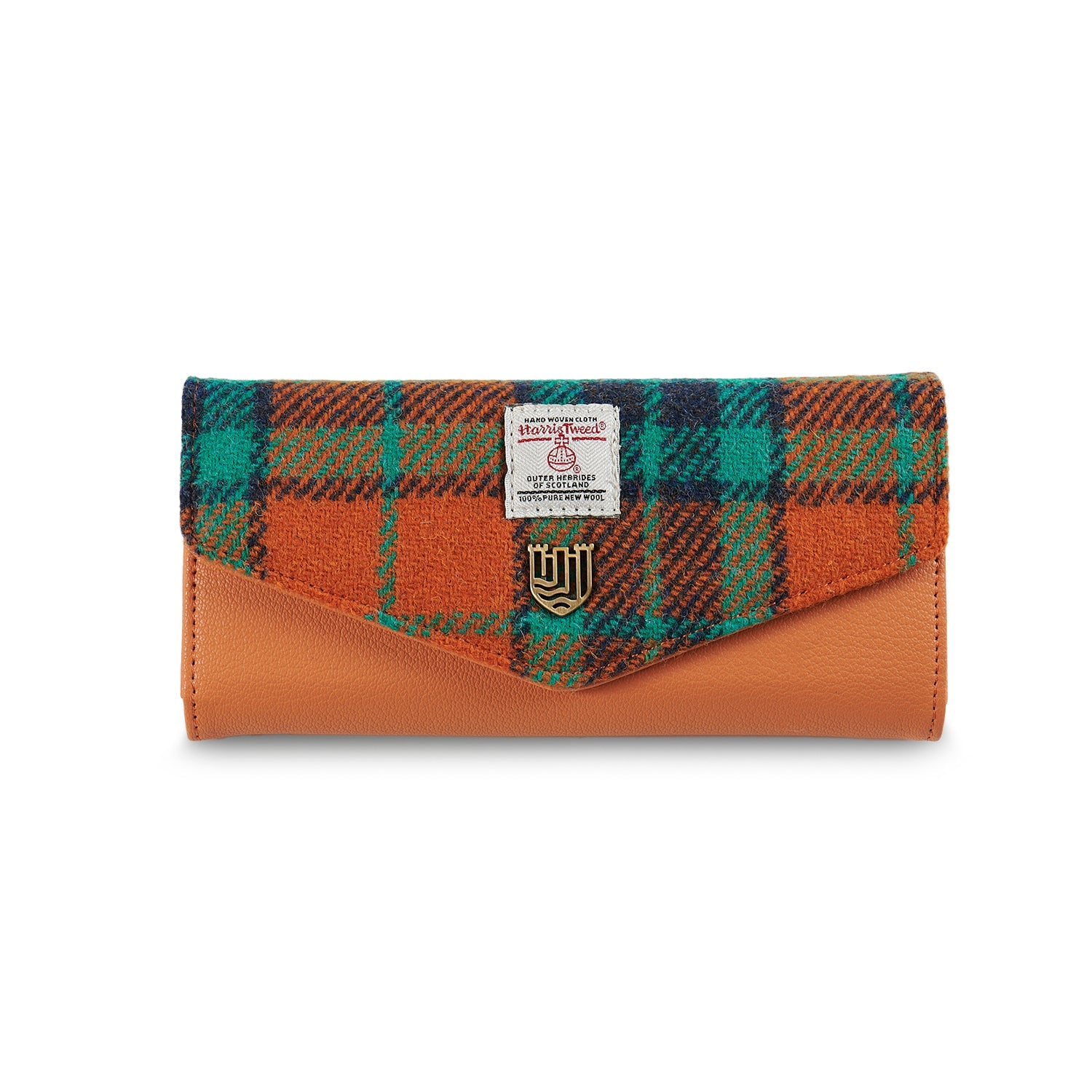 Islander Large Clasp Purse with Harris Tweed - Orange-Blue Tartan