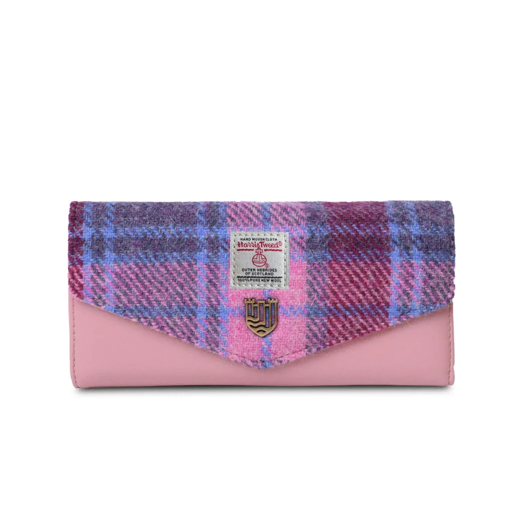 Islander Large Clasp Purse with Harris Tweed - Pink and Blue Tartan