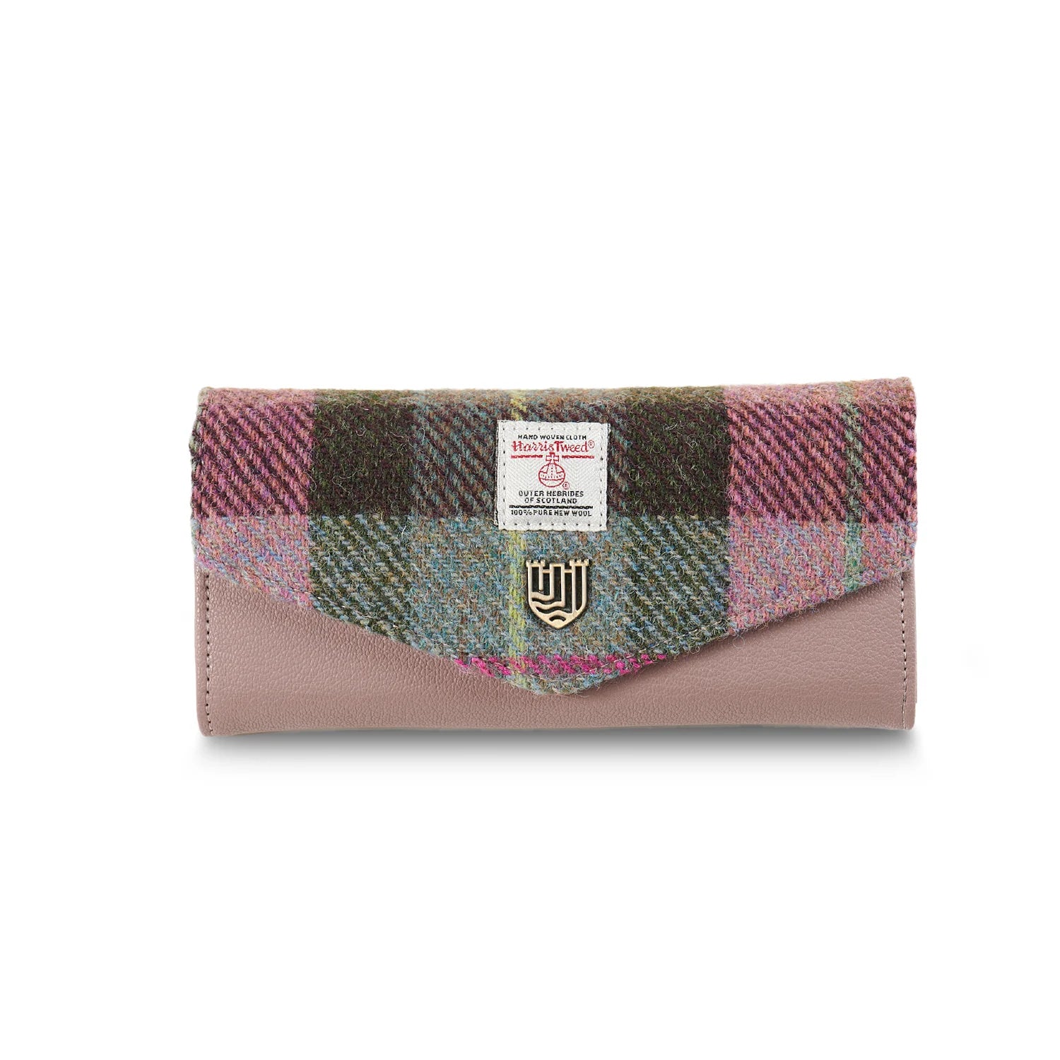 Islander Large Clasp Purse with Harris Tweed - Pink-Green Tartan