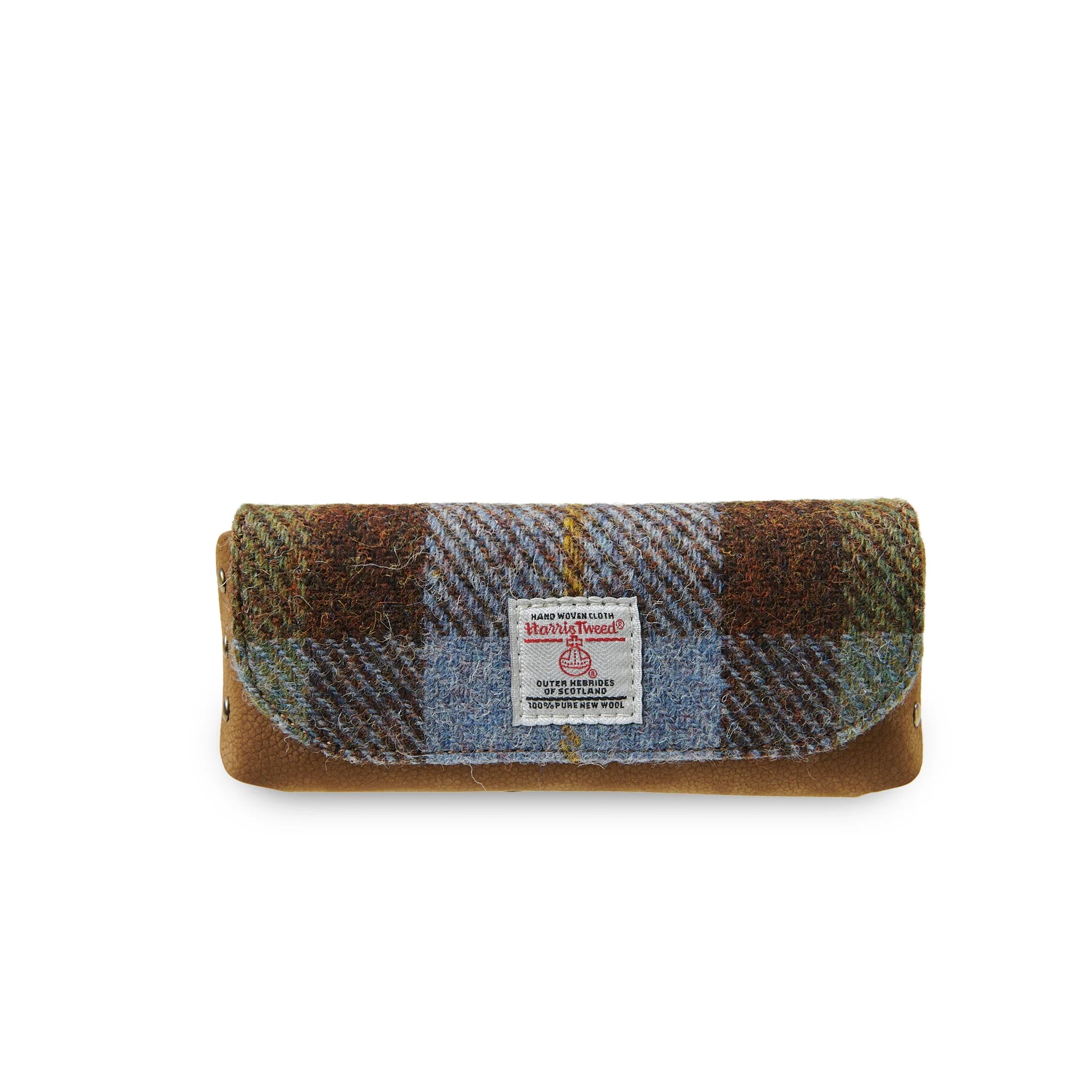 Islander Leather Glasses Case with Chestnut-Blue Tartan Harris Tweed