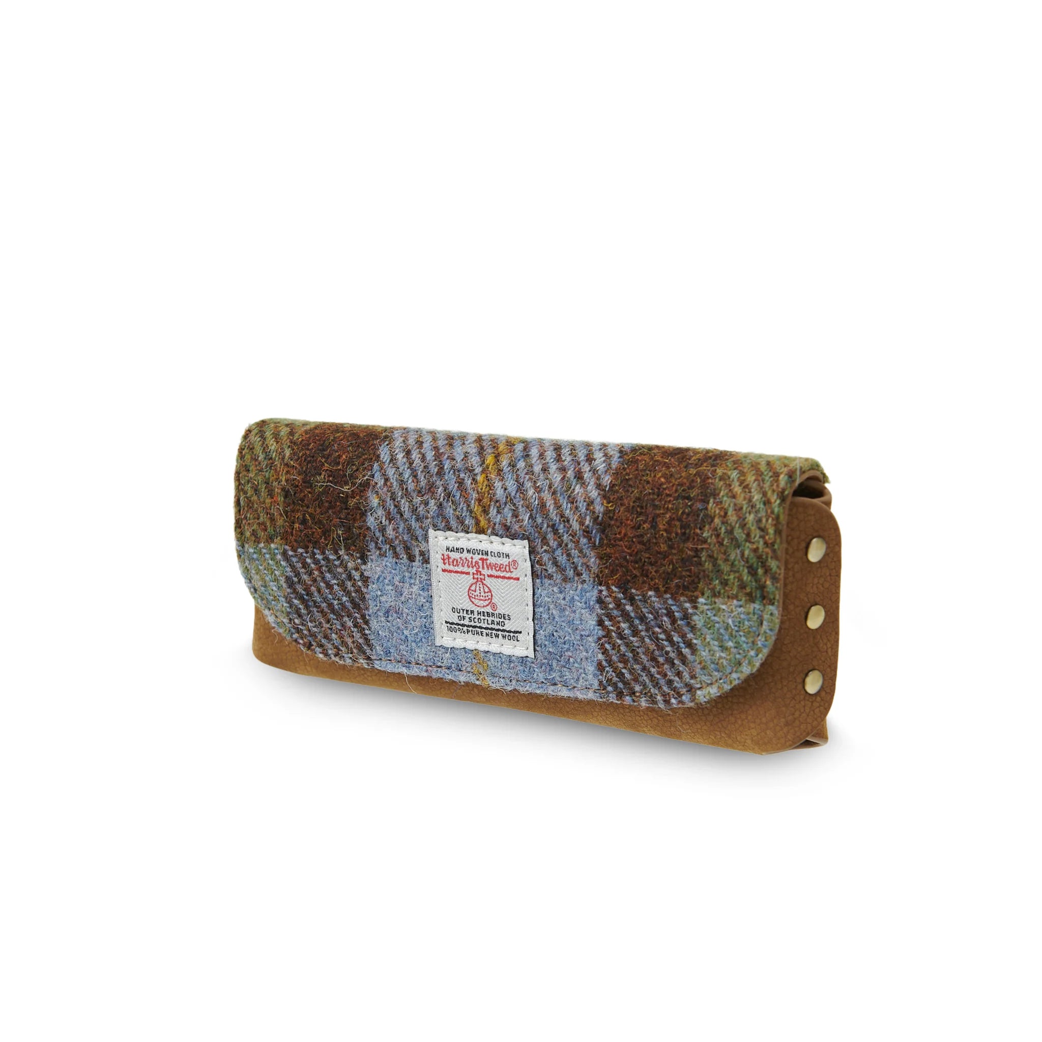 Islander Leather Glasses Case with Chestnut-Blue Tartan Harris Tweed