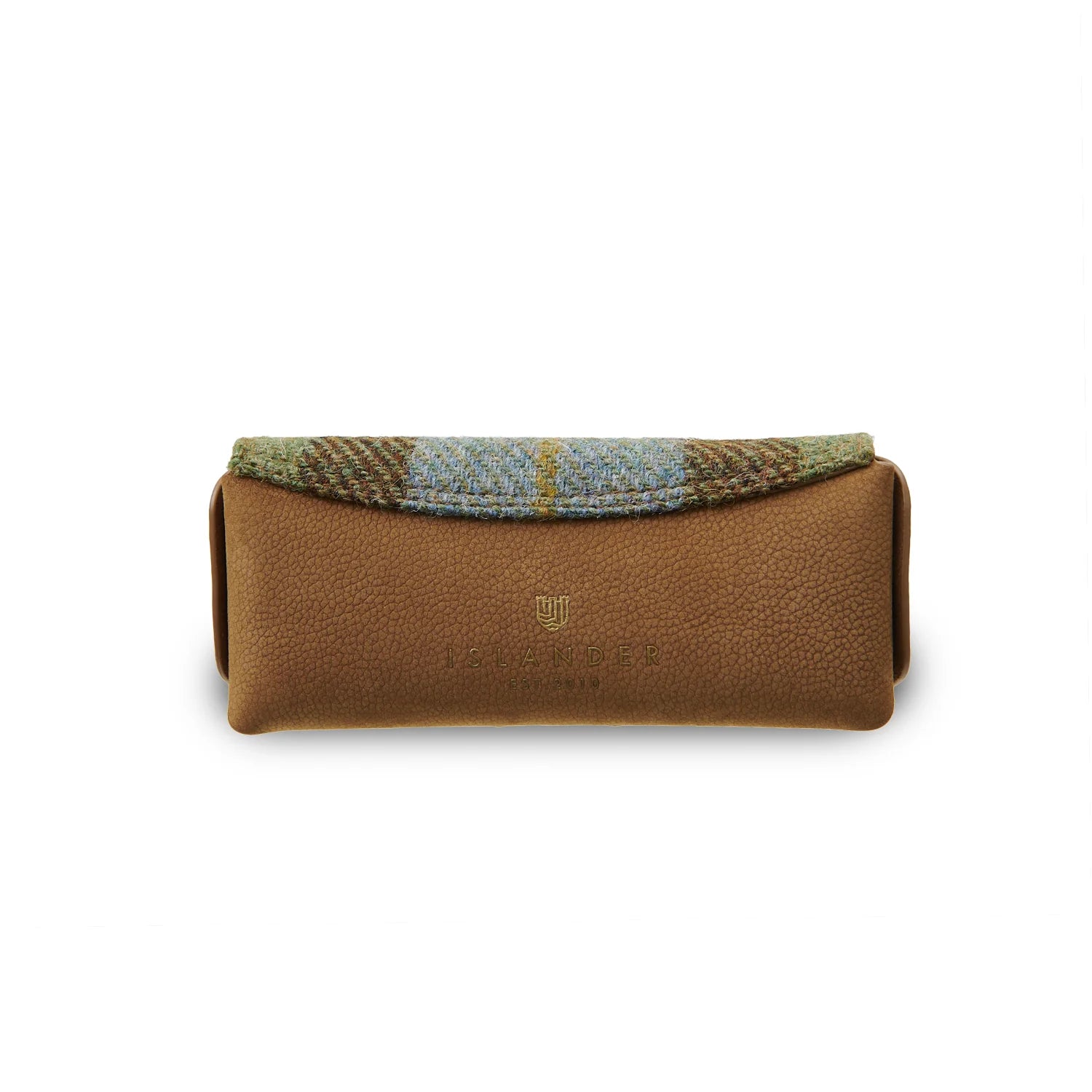 Islander Leather Glasses Case with Chestnut-Blue Tartan Harris Tweed