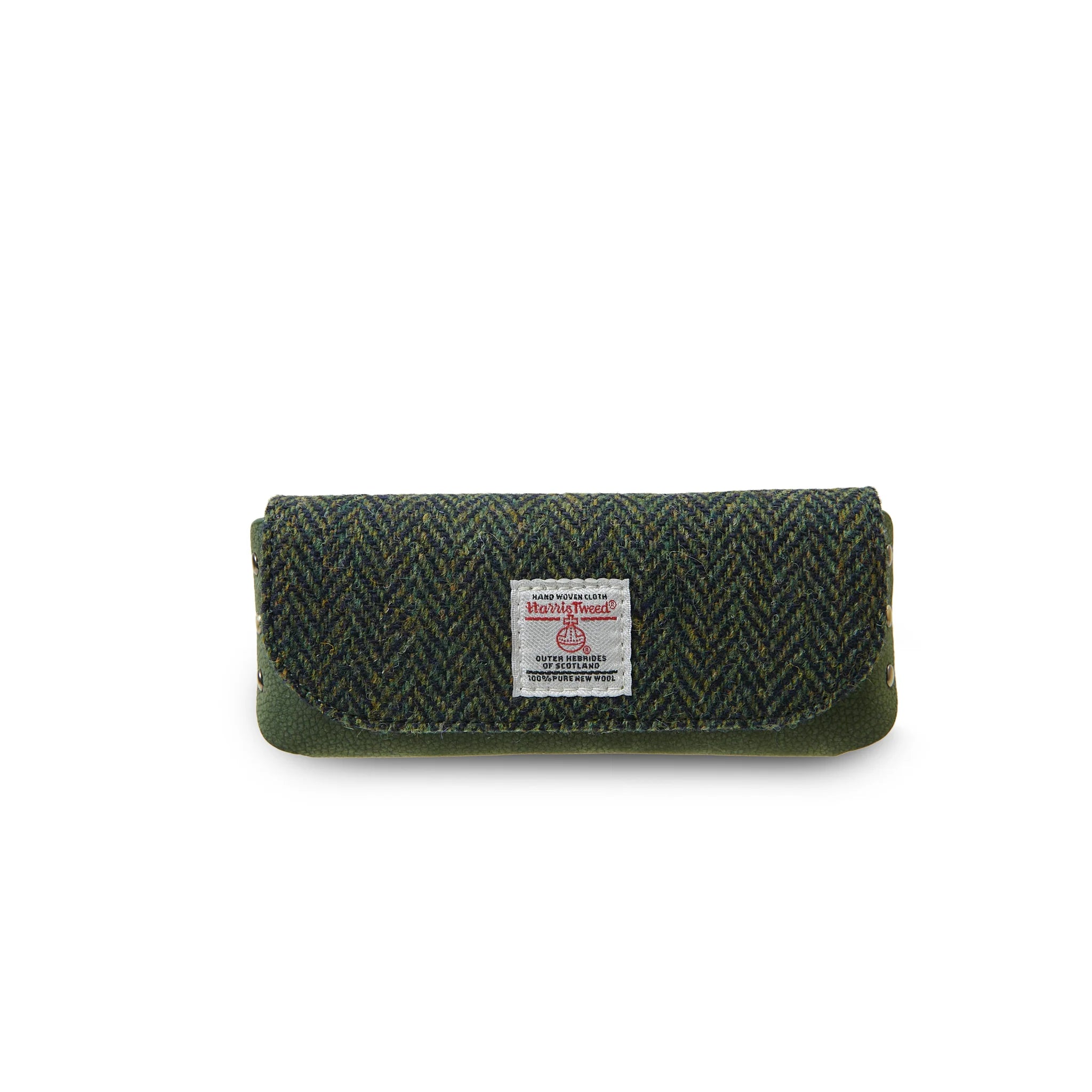 Islander Leather Glasses Case with Dark Green Herringbone Harris Tweed