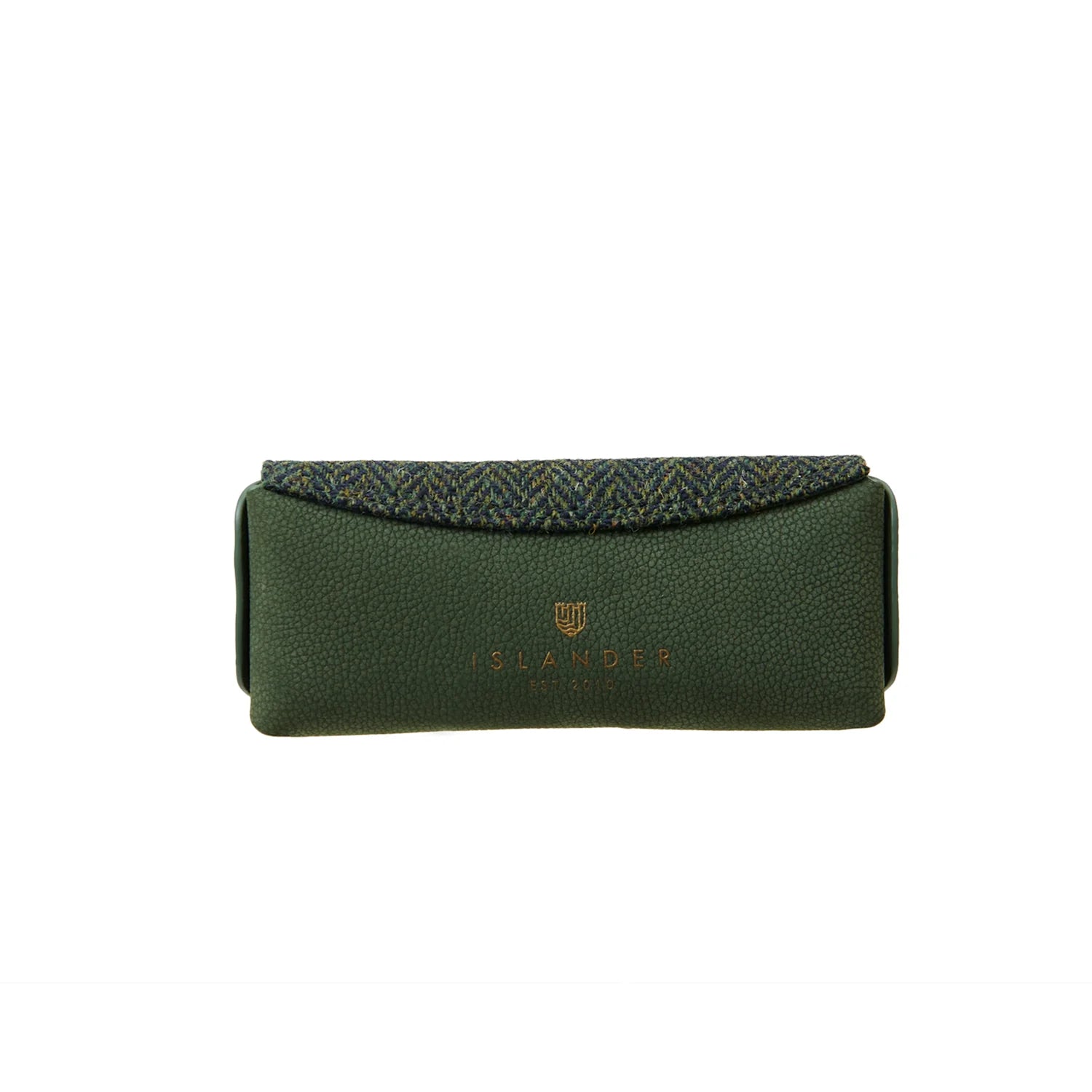 Islander Leather Glasses Case with Dark Green Herringbone Harris Tweed