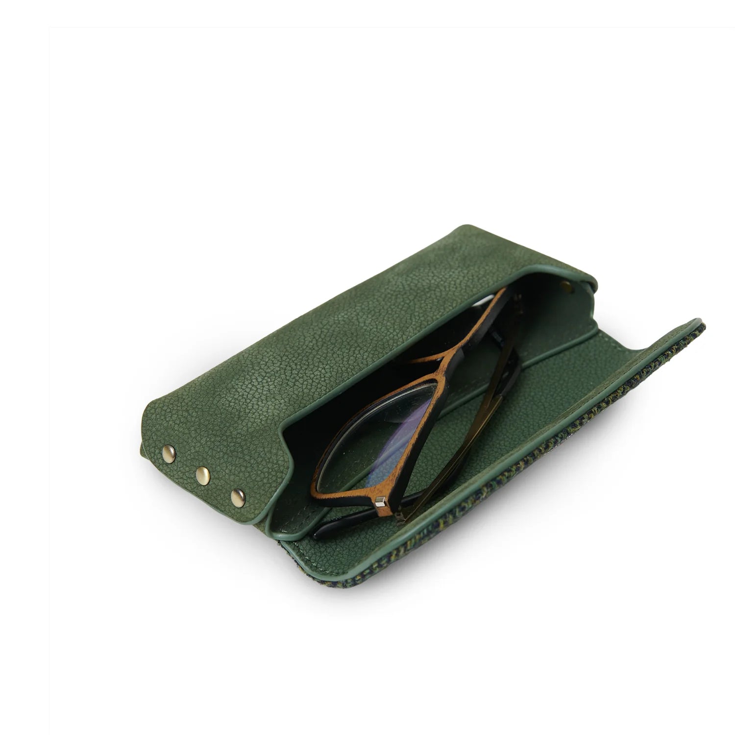Islander Leather Glasses Case with Dark Green Herringbone Harris Tweed