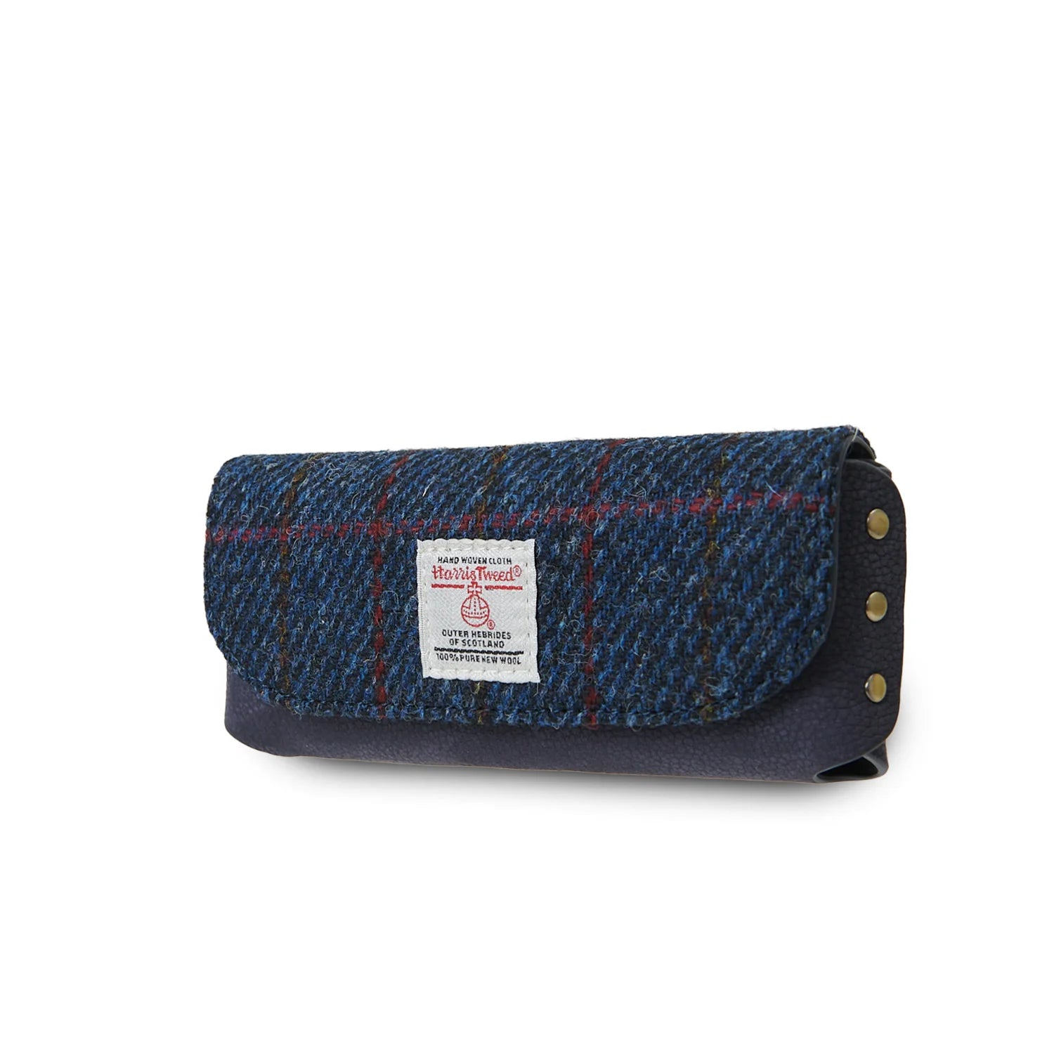 Islander Leather Glasses Case with Navy Blue Over-Check Tartan Harris Tweed