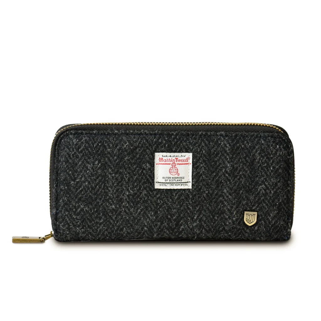 Islander Long Zip Purse with Harris Tweed - Black Herringbone