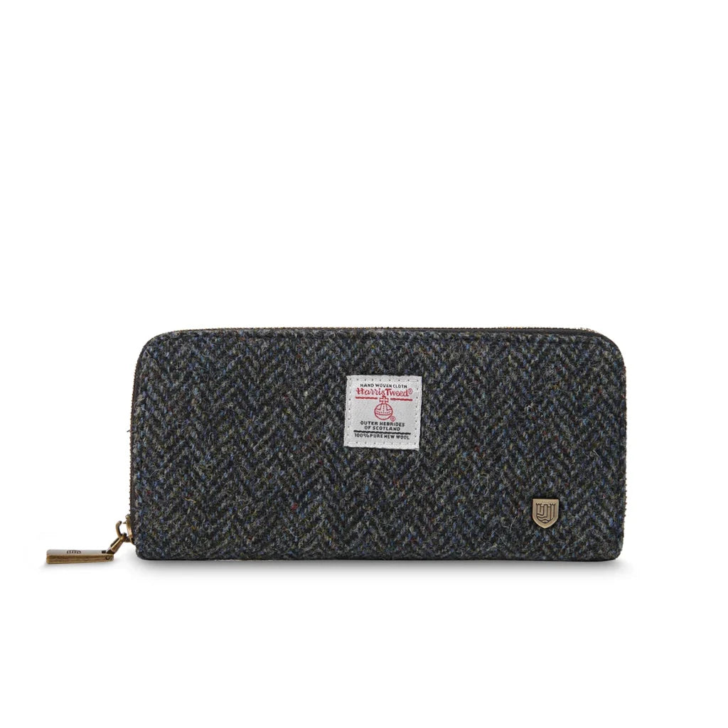 Islander Long Zip Purse with Harris Tweed - Black and Grey Herringbone
