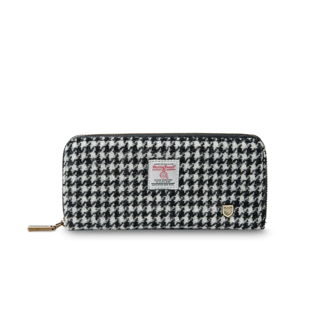 Islander Long Zip Purse with Harris Tweed - Black and White Herringbone