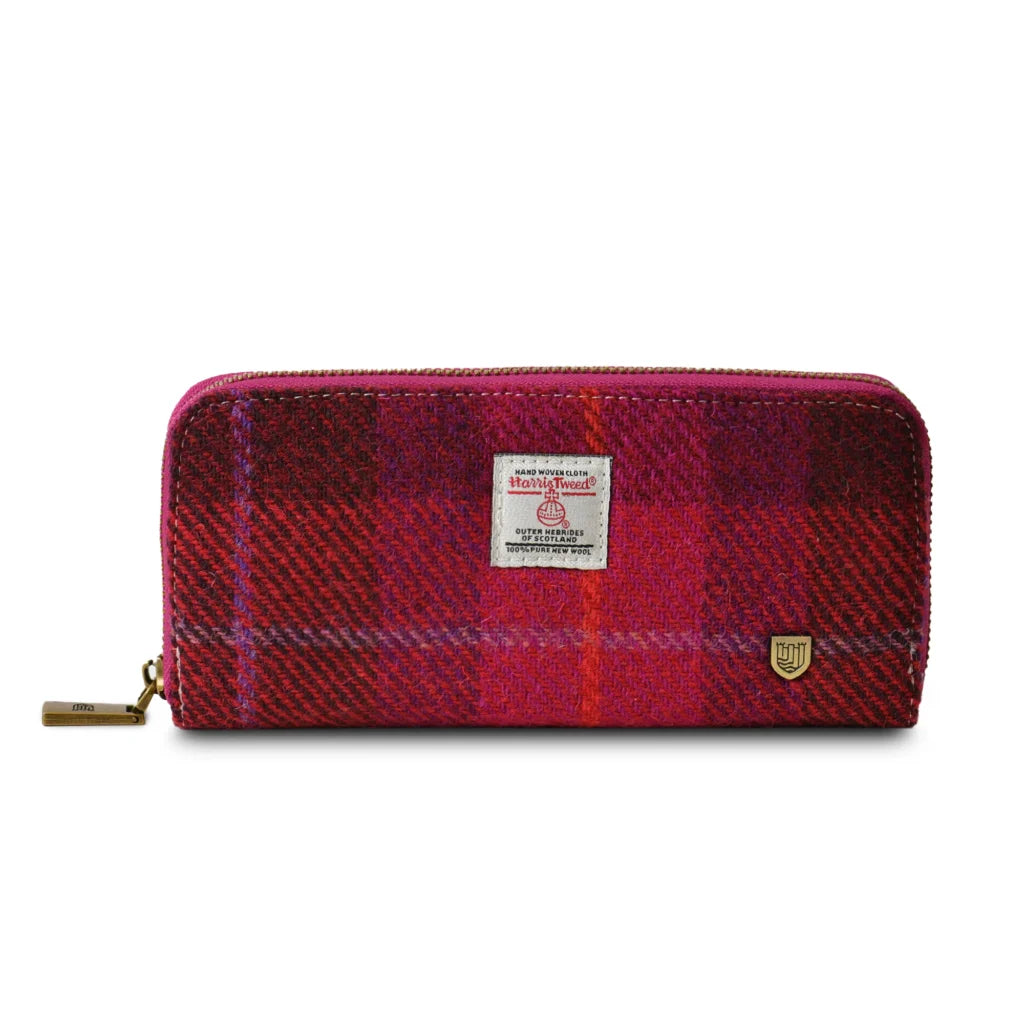 Islander Long Zip Purse with Harris Tweed - Fuchsia Tartan