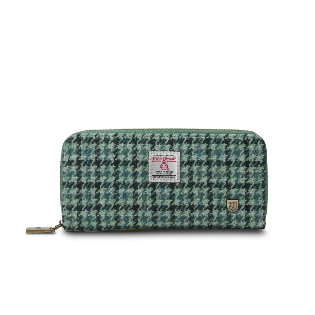 Islander Long Zip Purse with Harris Tweed - Green Dogtooth