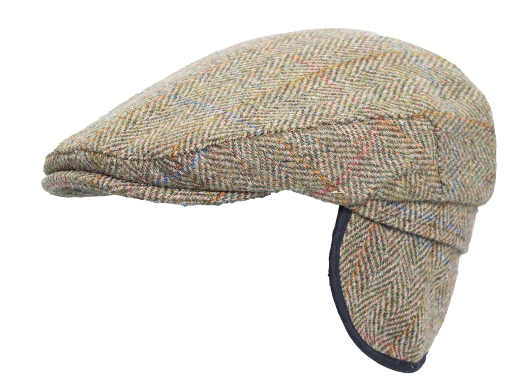 Harris Tweed Trapper Flat Cap With Ear Flaps - Moss Green
