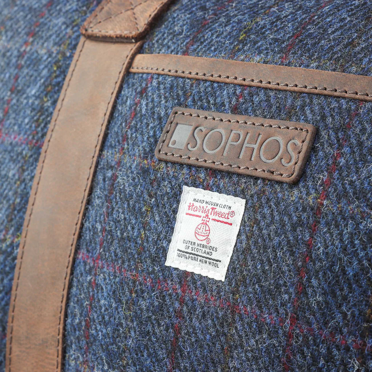 Sophos Leather & Blue Harris Tweed Travel Weekend Holdall