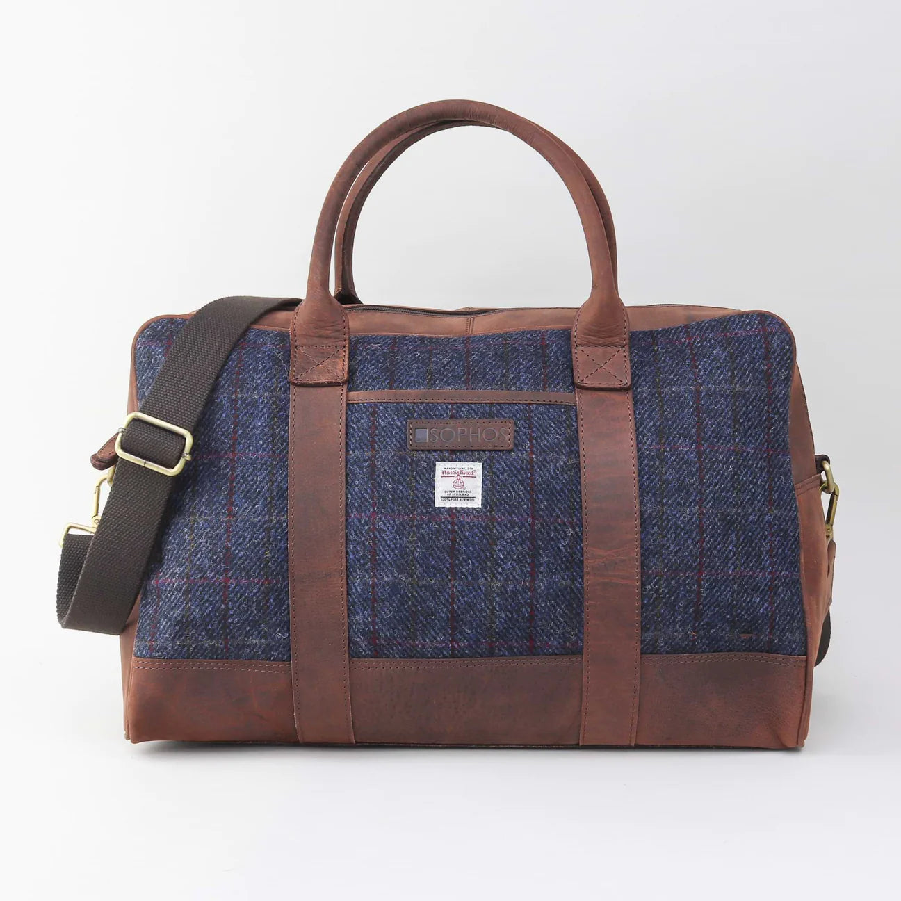 Sophos Leather & Blue Harris Tweed Travel Weekend Holdall