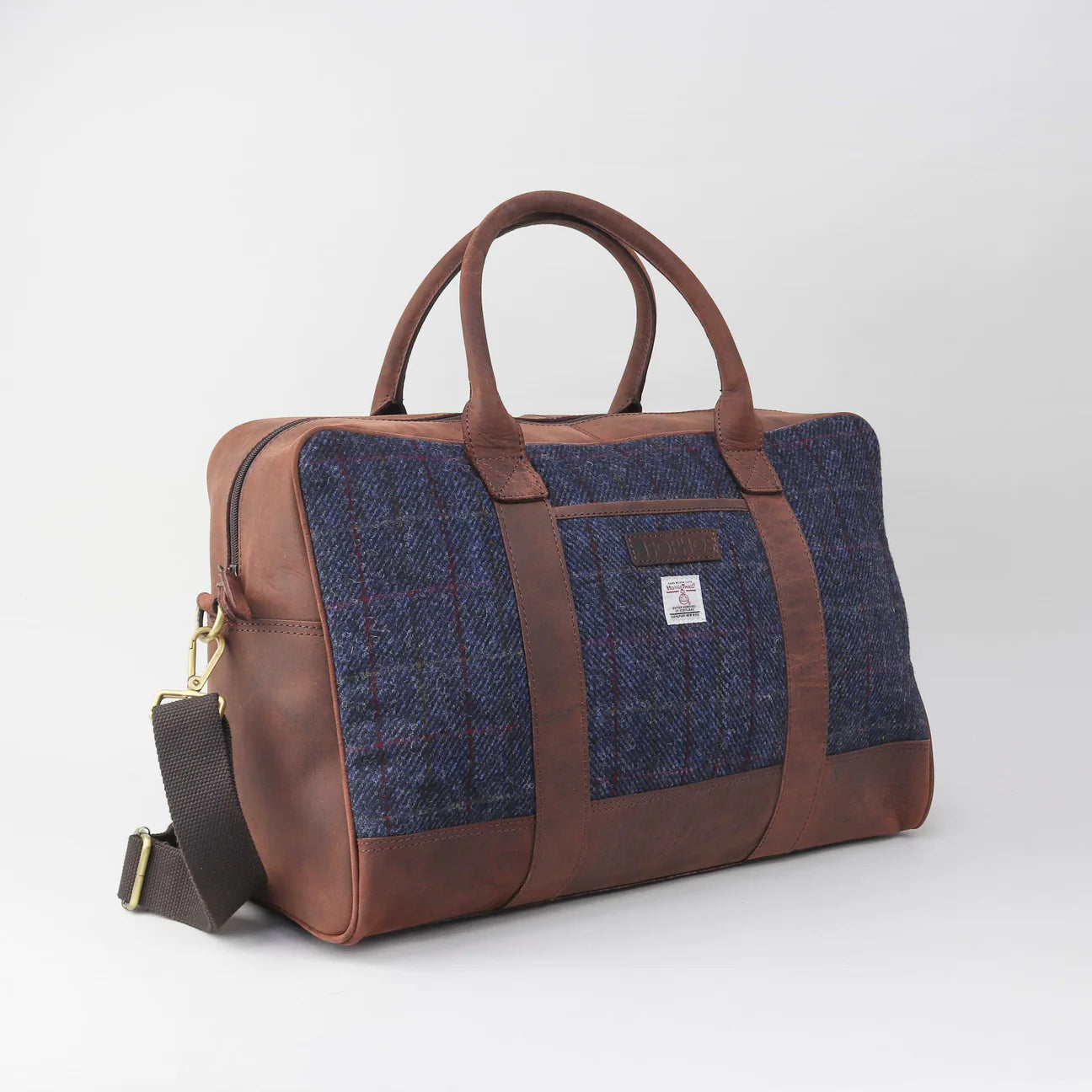 Sophos Leather & Blue Harris Tweed Travel Weekend Holdall