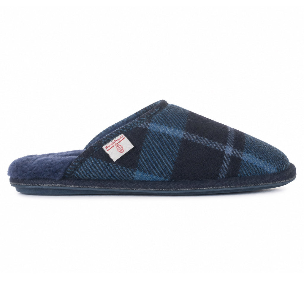 William Men's Harris Tweed Mule (Navy/Blue Tartan Check)