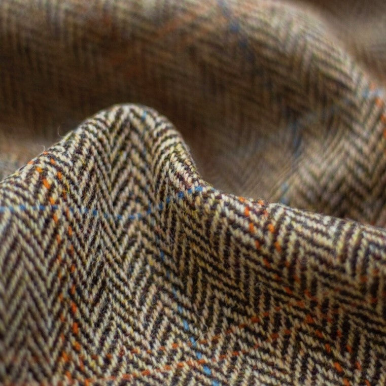 Harris Tweed Beige Herringbone with Blue and Rust Overcheck Cloth Fabric