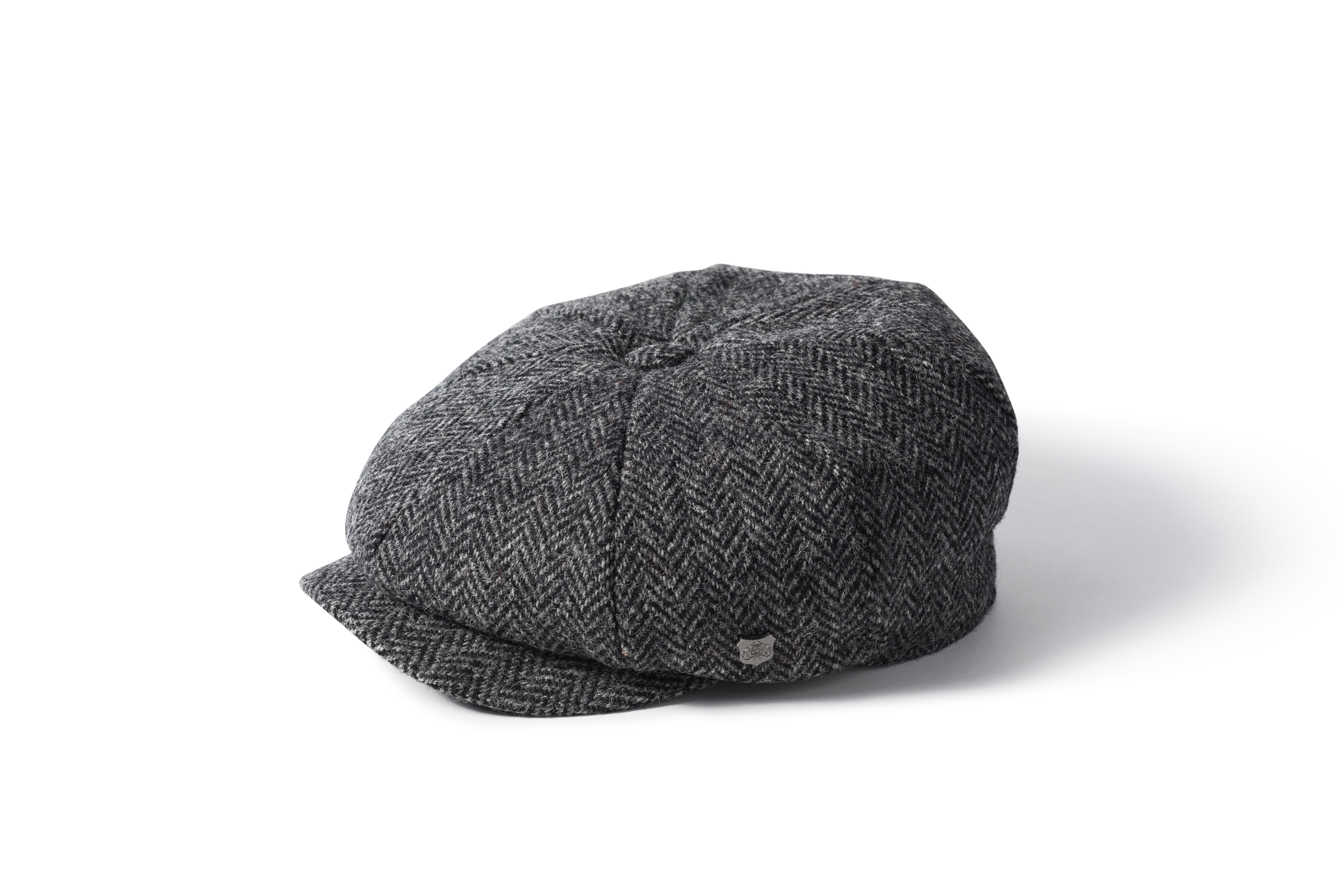 Failsworth Carloway Harris Tweed Scotland Traditional Bakerboy Classic 8 Piece Cap Black and Grey Herringbone