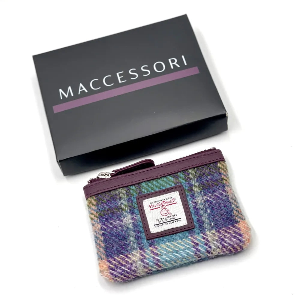Maccessori Coin Purse with Harris Tweed - Green Purple Plaid