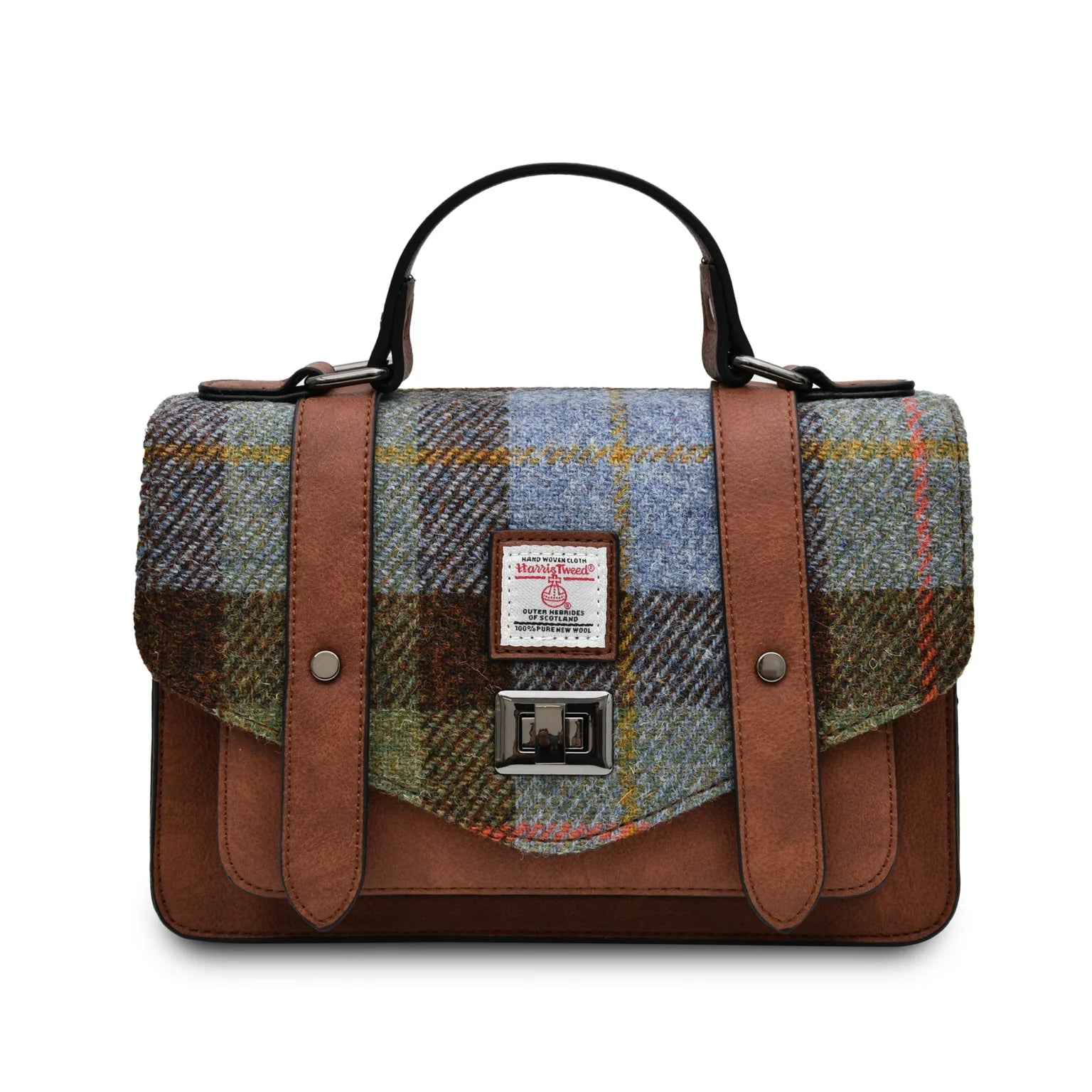 Islander Medium Satchel with Harris Tweed - Chestnut-Blue Tartan