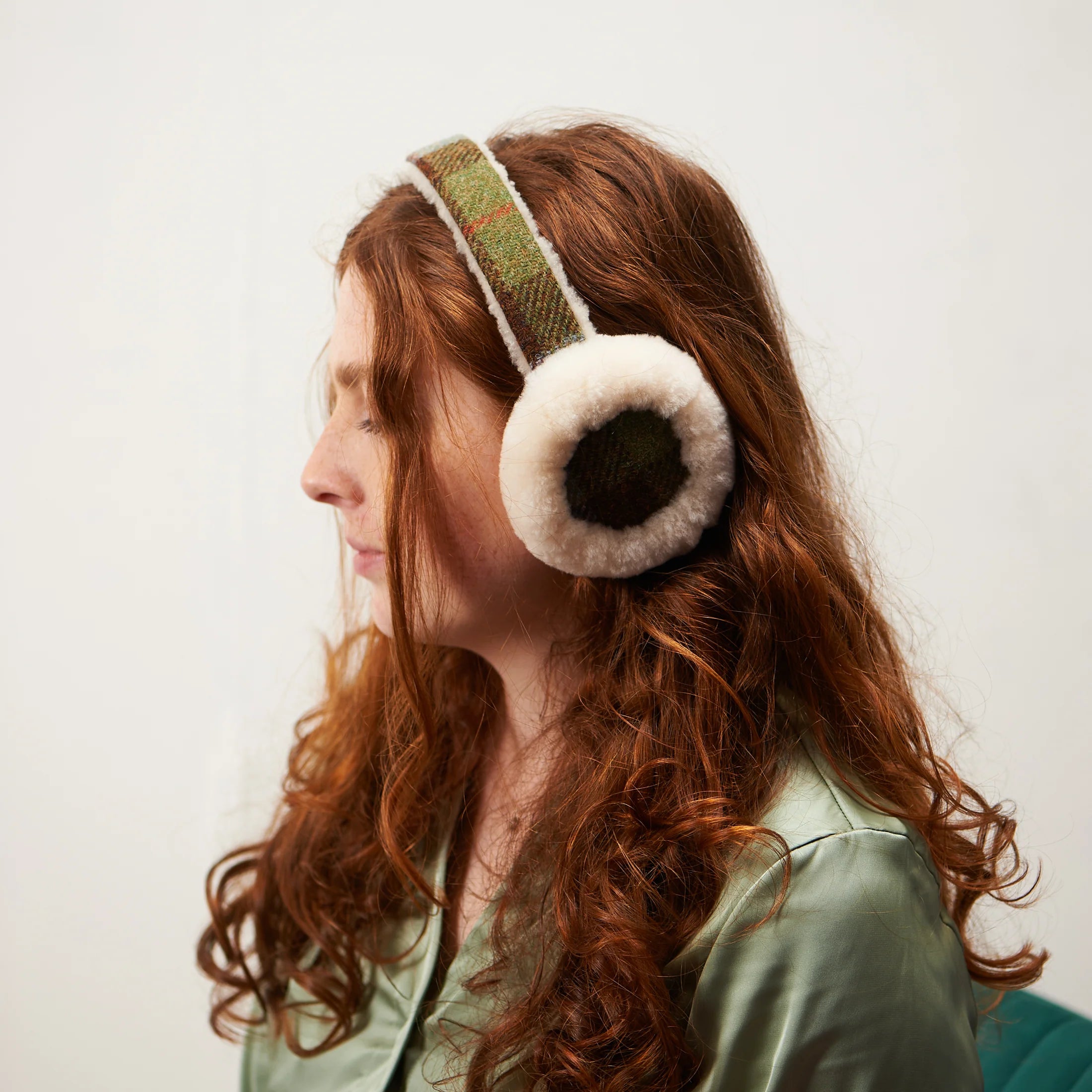 Islander Sheepskin Earmuffs With Harris Tweed - Black and Grey Herringbone