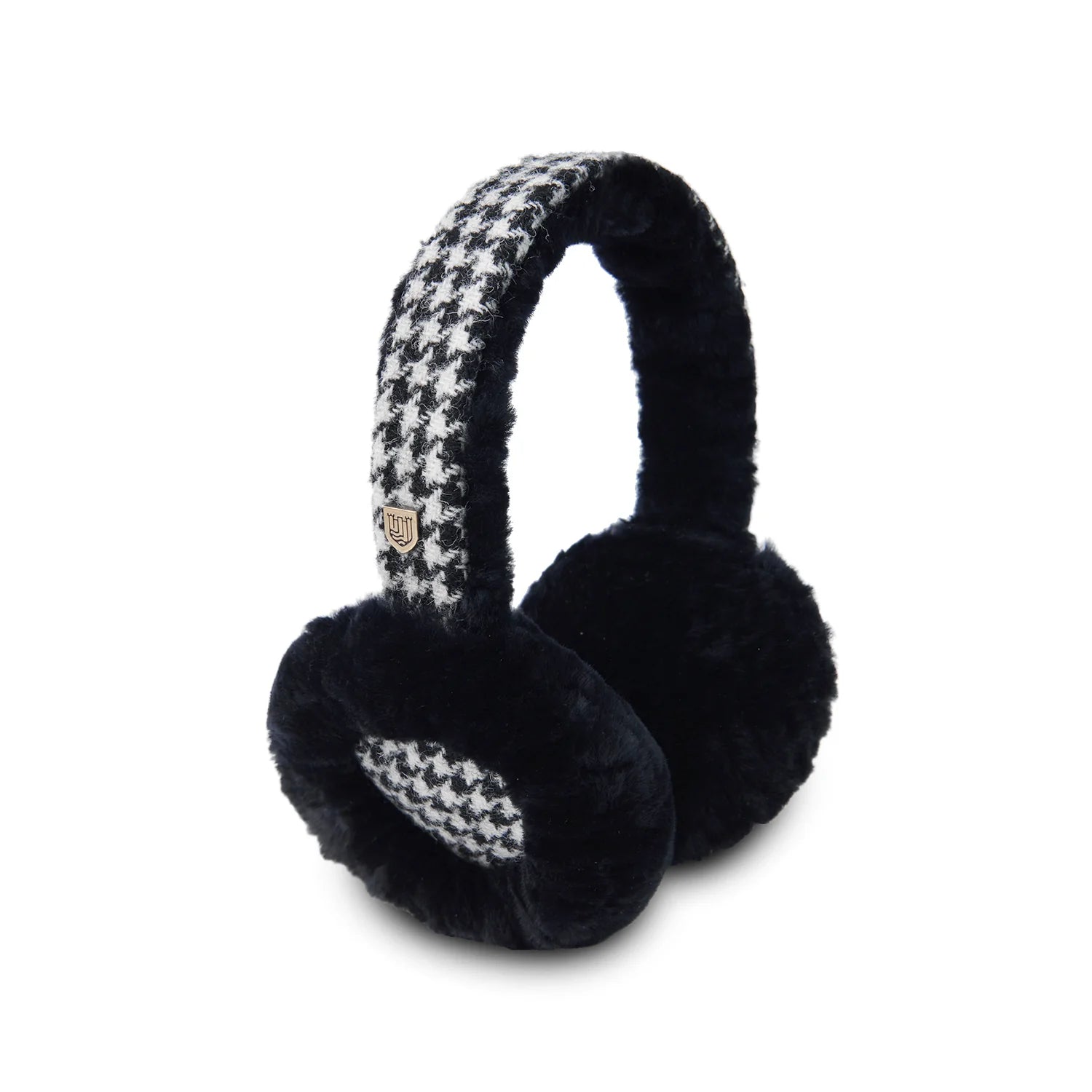Islander Sheepskin Earmuffs With Harris Tweed - Black and White Herringbone