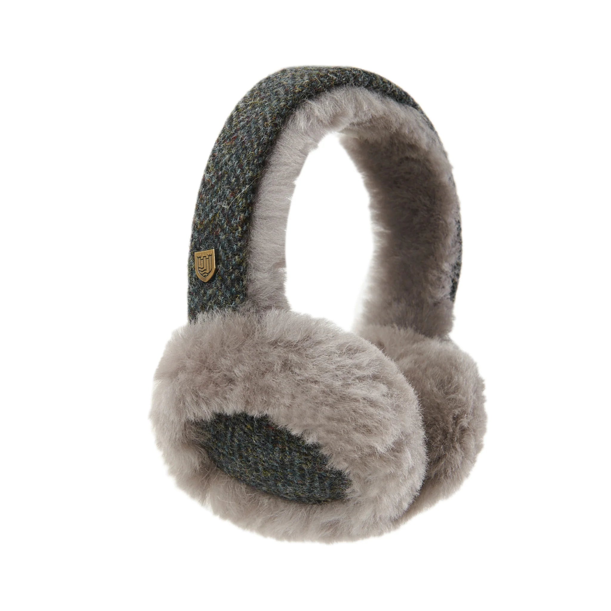 Islander Sheepskin Earmuffs With Harris Tweed - Black and Grey Herringbone