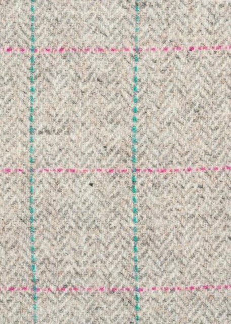 Harris Tweed Grey Herringbone Pink and Green Overcheck Cloth Fabric