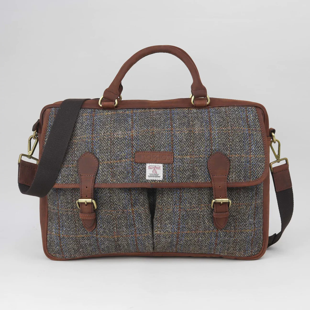 Sophos Brown Leather Briefcase With Harris Tweed
