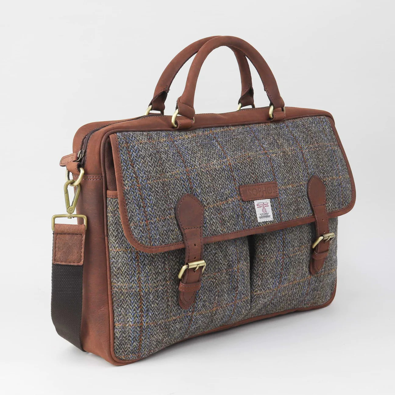 Sophos Brown Leather Briefcase With Harris Tweed