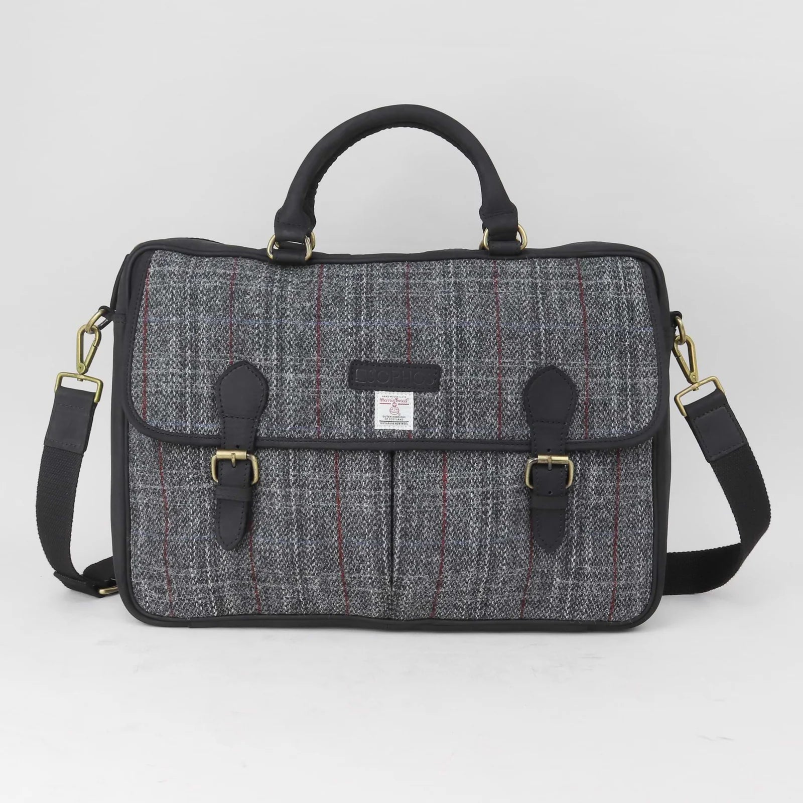 Sophos Grey Leather Harris Tweed Briefcase Laptop Bag