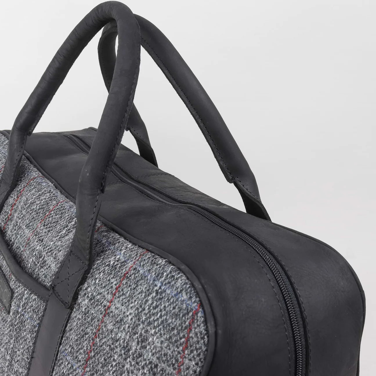 Sophos Black Leather and Grey Harris Tweed Travel / Weekend Holdall