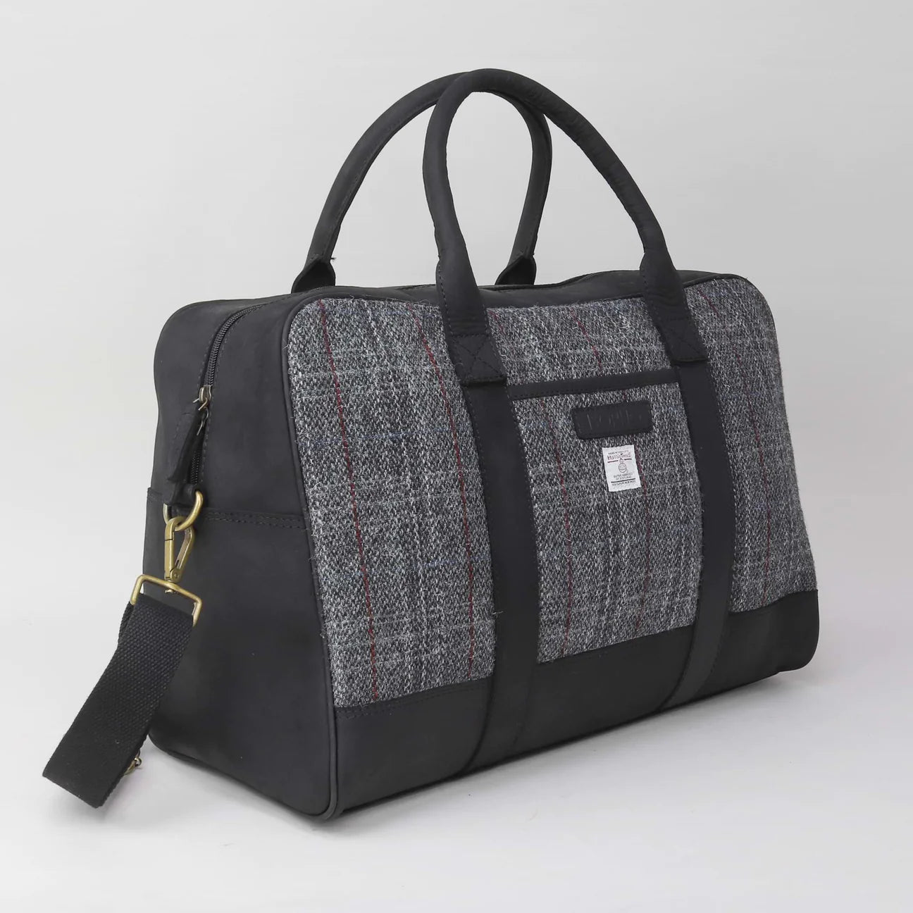 Sophos Black Leather and Grey Harris Tweed Travel / Weekend Holdall