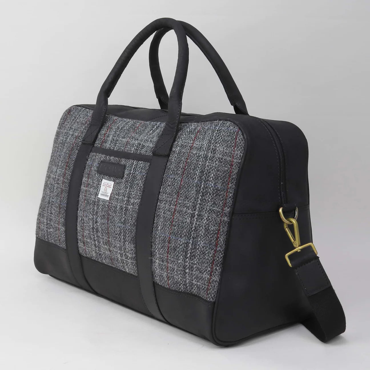Sophos Black Leather and Grey Harris Tweed Travel / Weekend Holdall