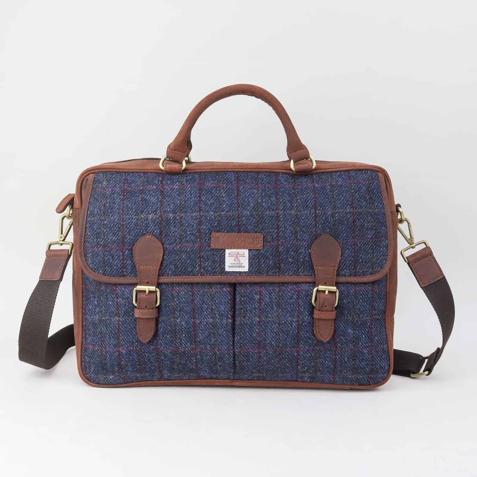 Sophos Navy Leather Harris Tweed Briefcase Laptop Bag
