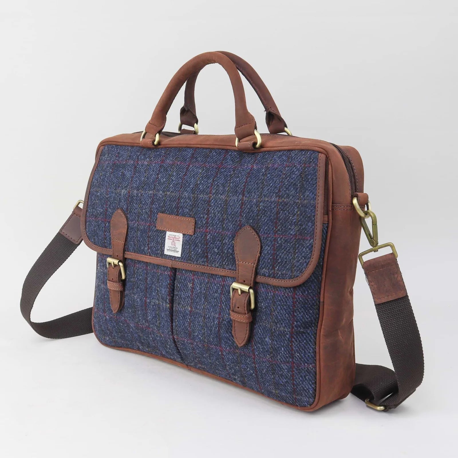 Sophos Navy Leather Harris Tweed Briefcase Laptop Bag