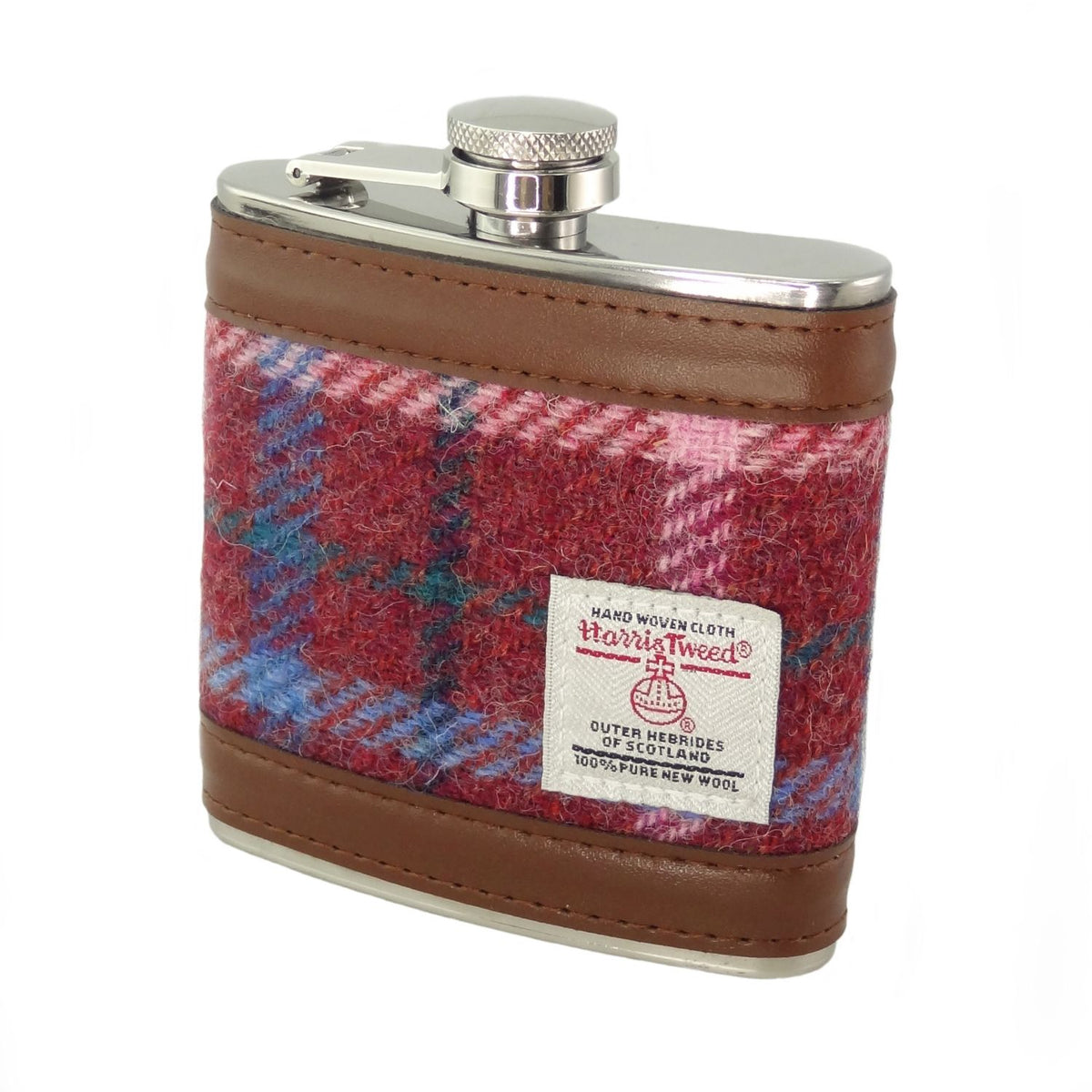 Glen Appin Harris Tweed Hip Flask 6oz (Rust Red with Green, White & Blue Overcheck)
