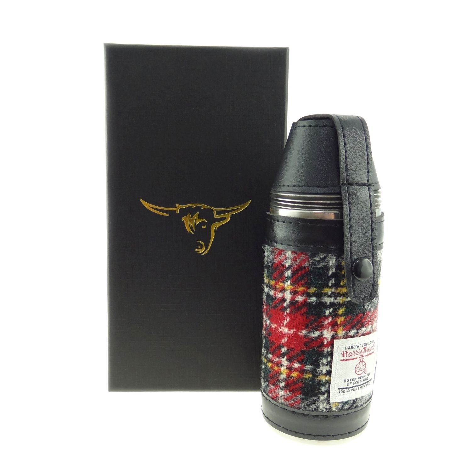 8oz Hunting Flask with 4 Cups & Harris Tweed (Grey and Red Tartan)