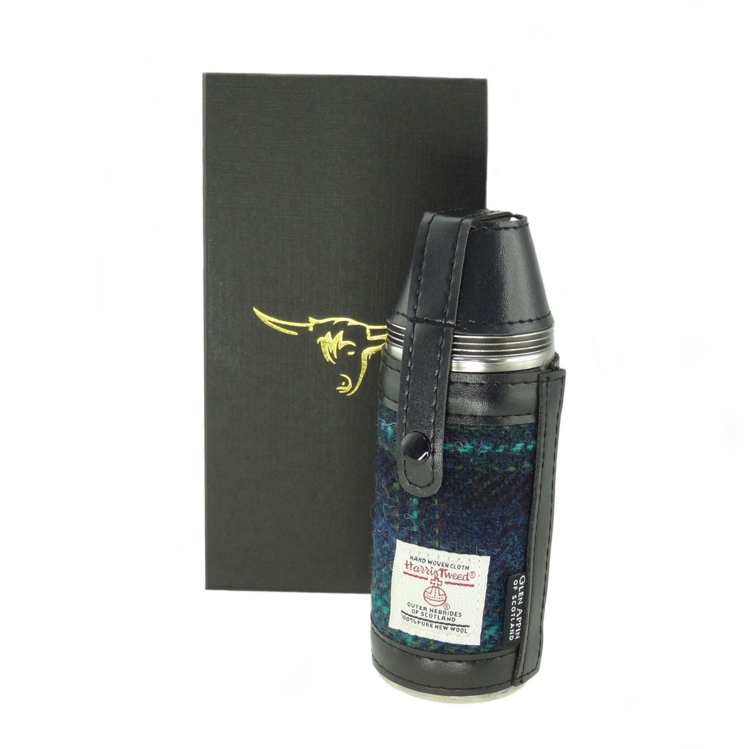 8oz Hunting Flask with 4 Cups & Harris Tweed (Turquoise Overcheck)
