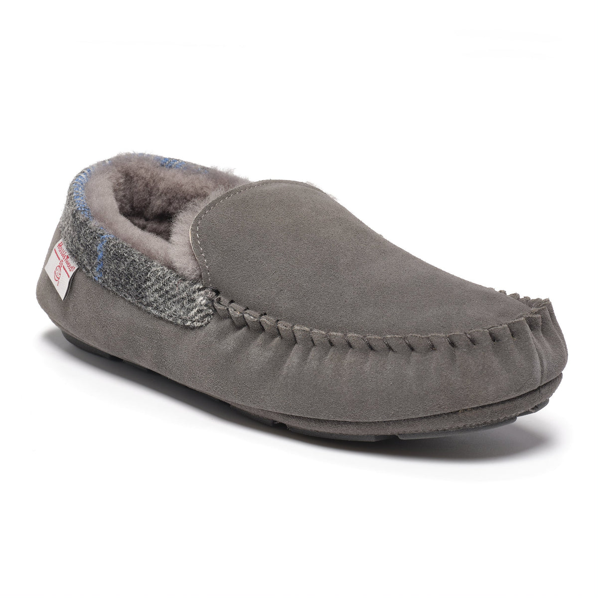 Hanks Men's Navy Suede Moccasin Slippers with Harris Tweed (Grey)