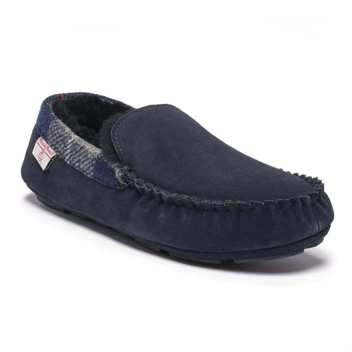 Hanks Men's Navy Suede Moccasin Slippers with Harris Tweed (Navy)