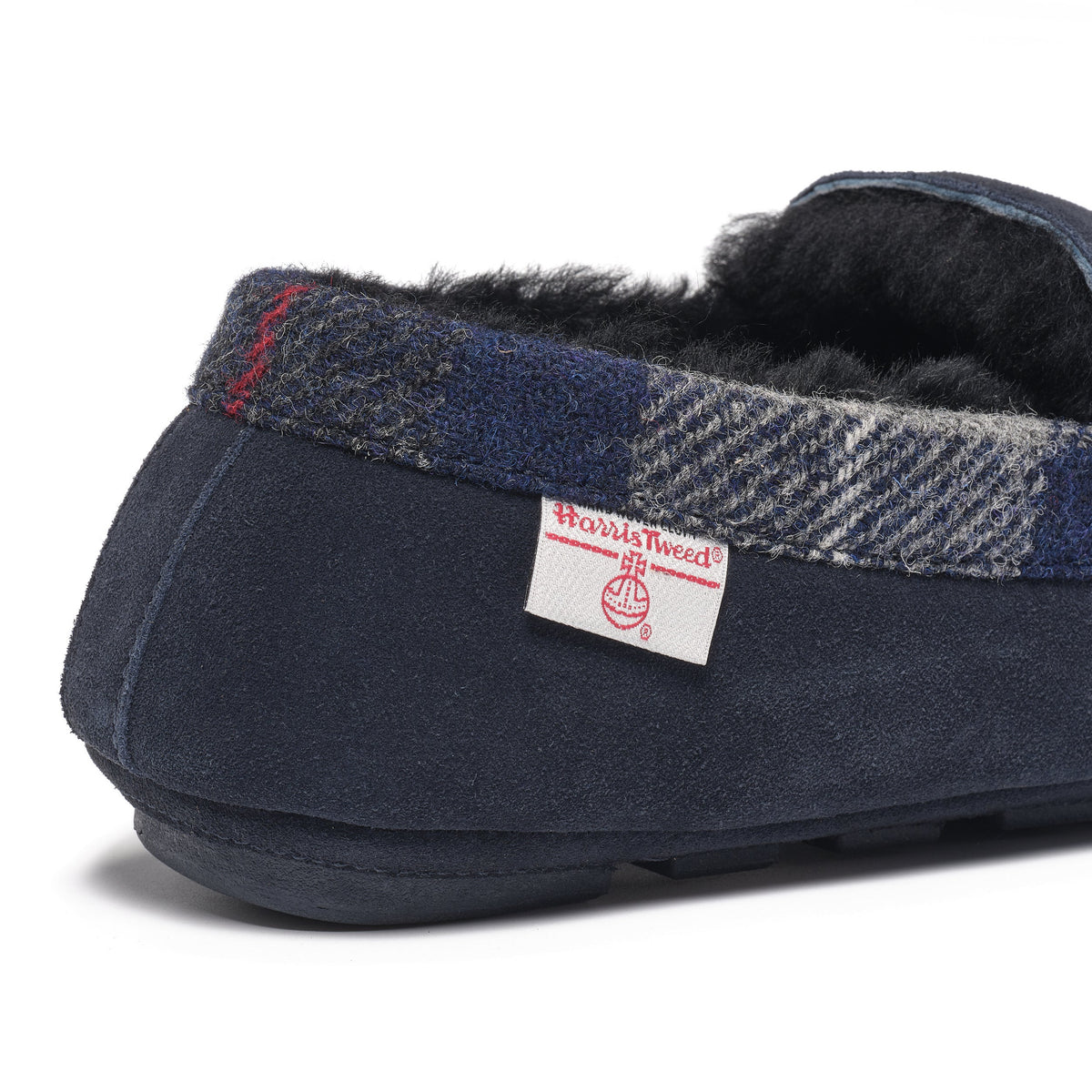 Hanks Men's Navy Suede Moccasin Slippers with Harris Tweed (Navy)