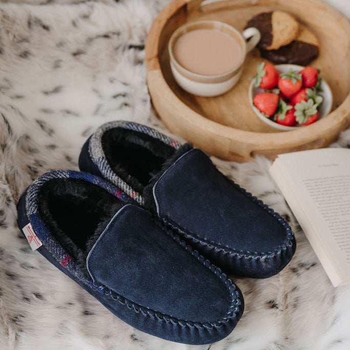 Hanks Men's Navy Suede Moccasin Slippers with Harris Tweed (Navy)