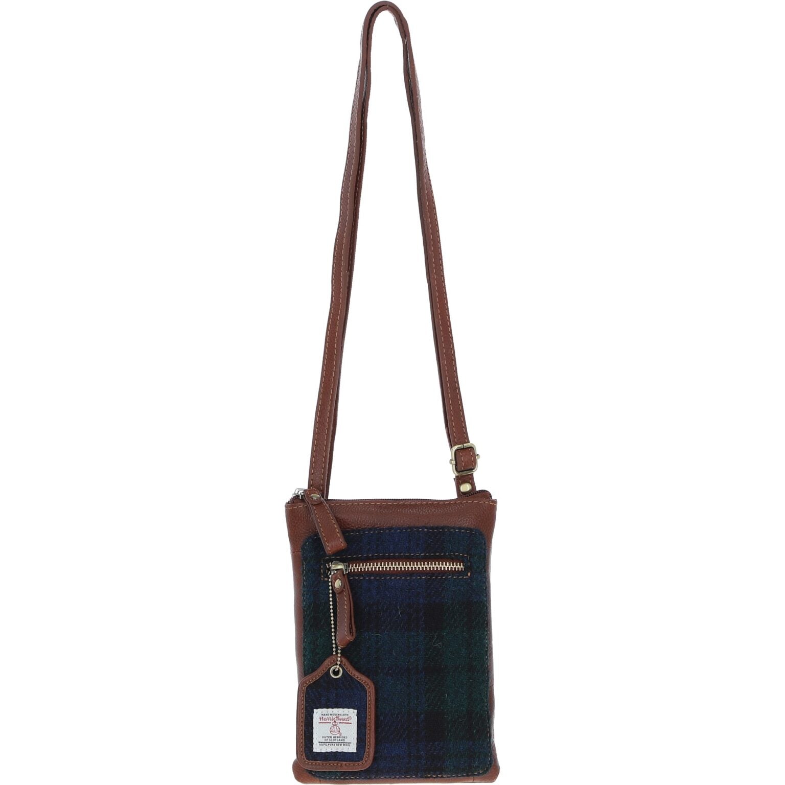 Real Leather Monkton Mini Crossbody Bag with Harris Tweed - Tan Leather &amp; Black Watch
