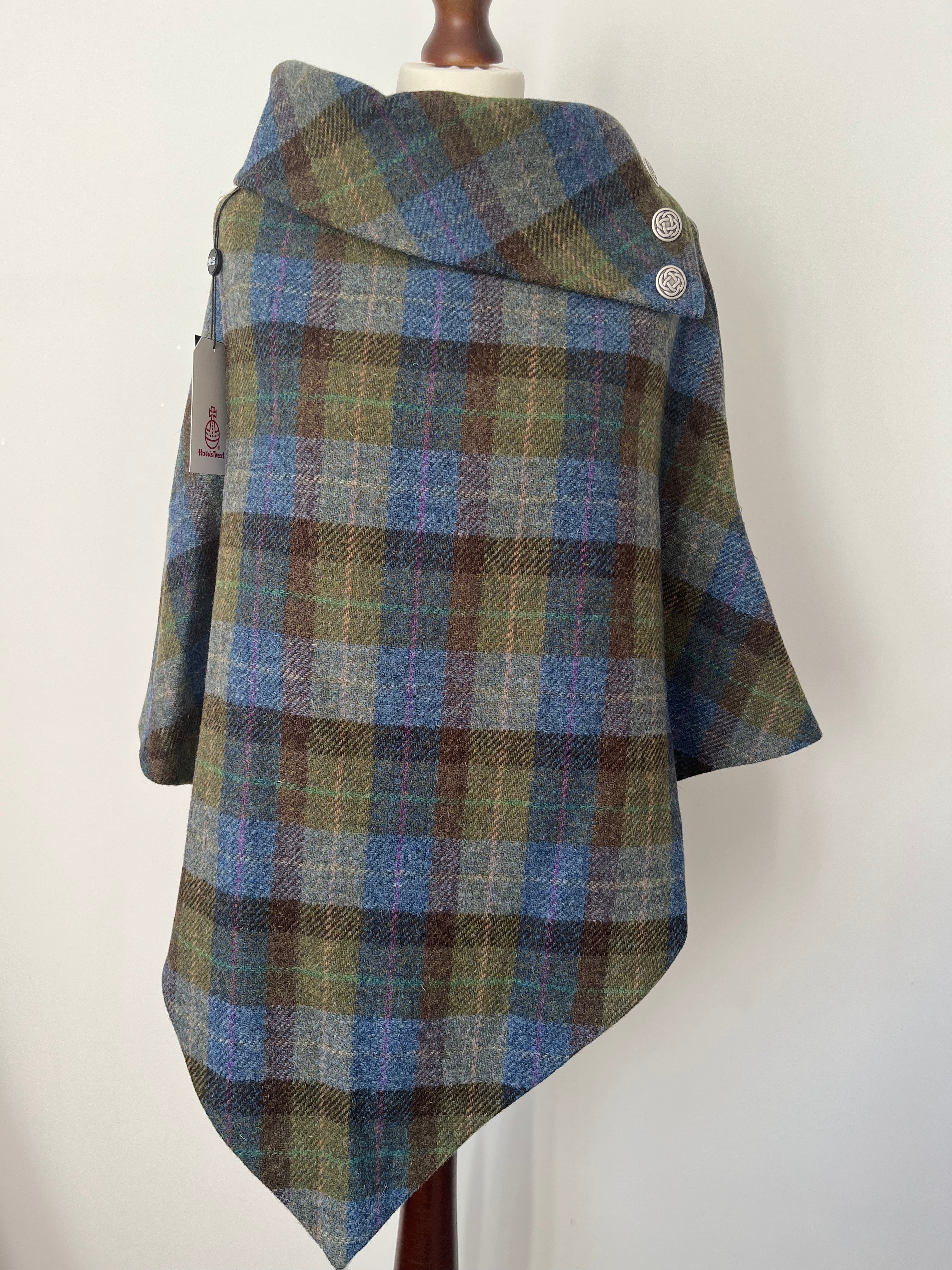 Harris Tweed Ladies Celtic Poncho Cape Denim Blue, Green & Brown Sage