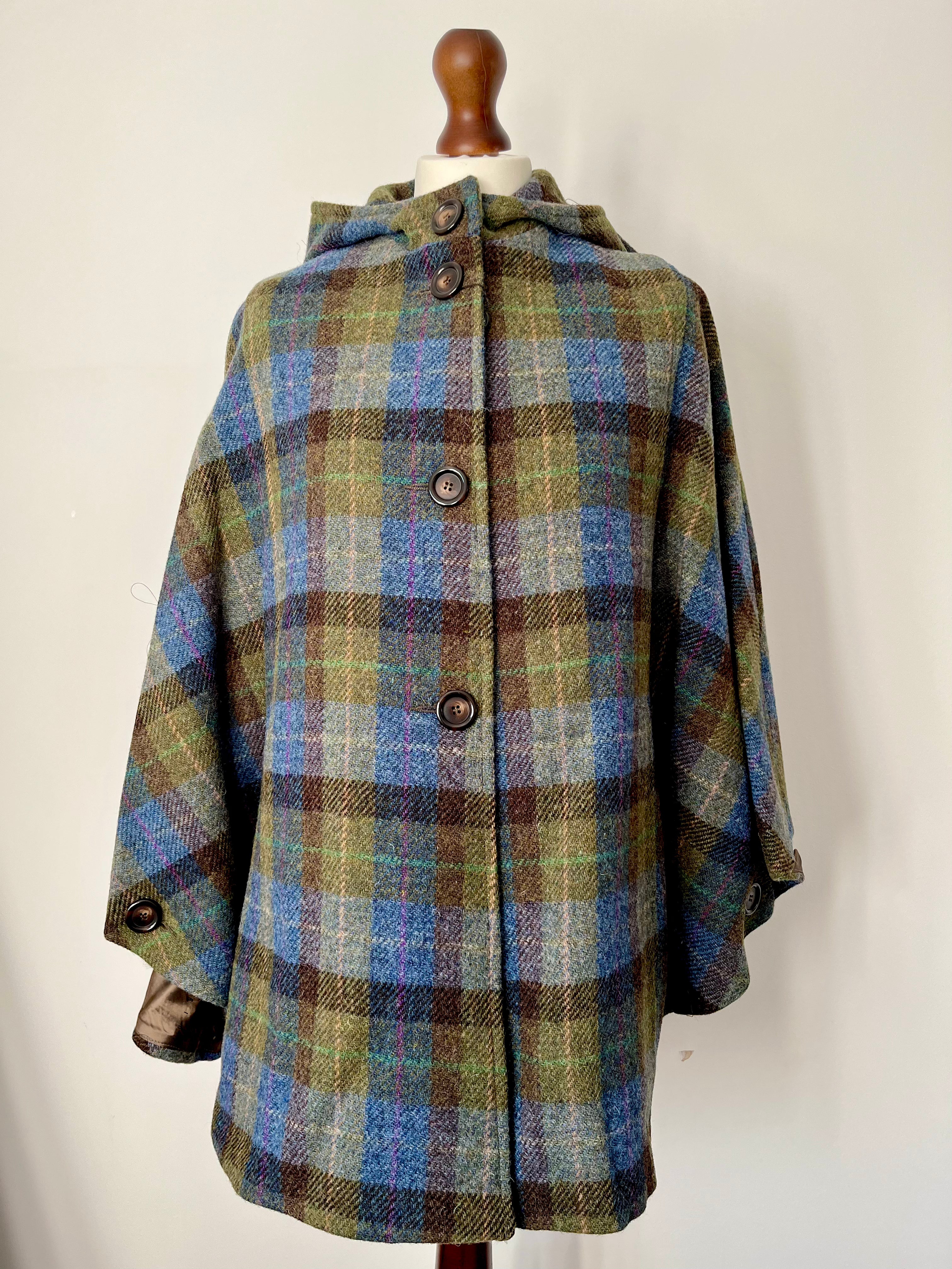 Harris Tweed Ladies Hooded Poncho Cape Denim Sage Green, Blue & Brown - One Size