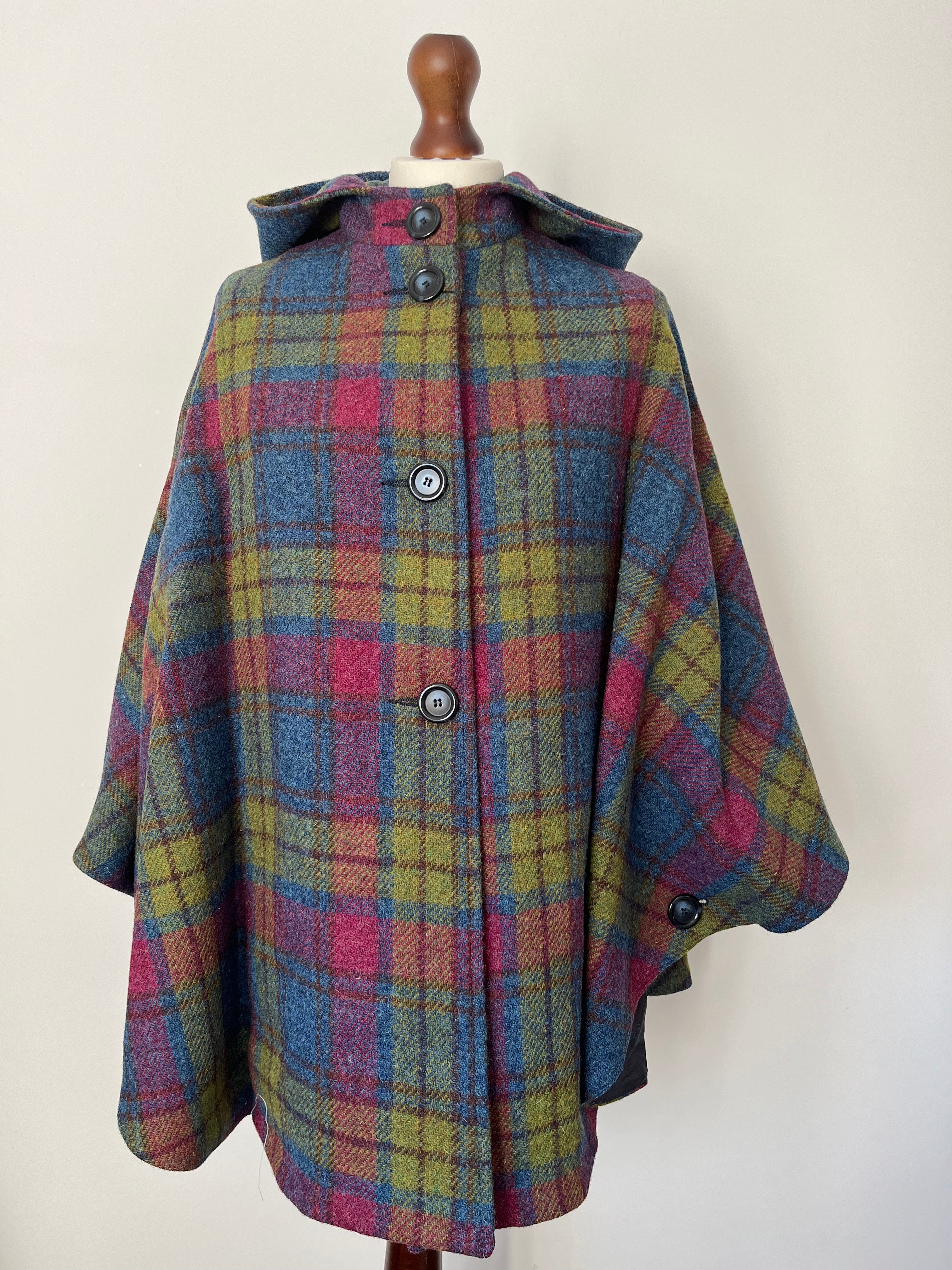 Harris Tweed Ladies Hooded Poncho Cape Lime Blue Raspberry Check - One Size