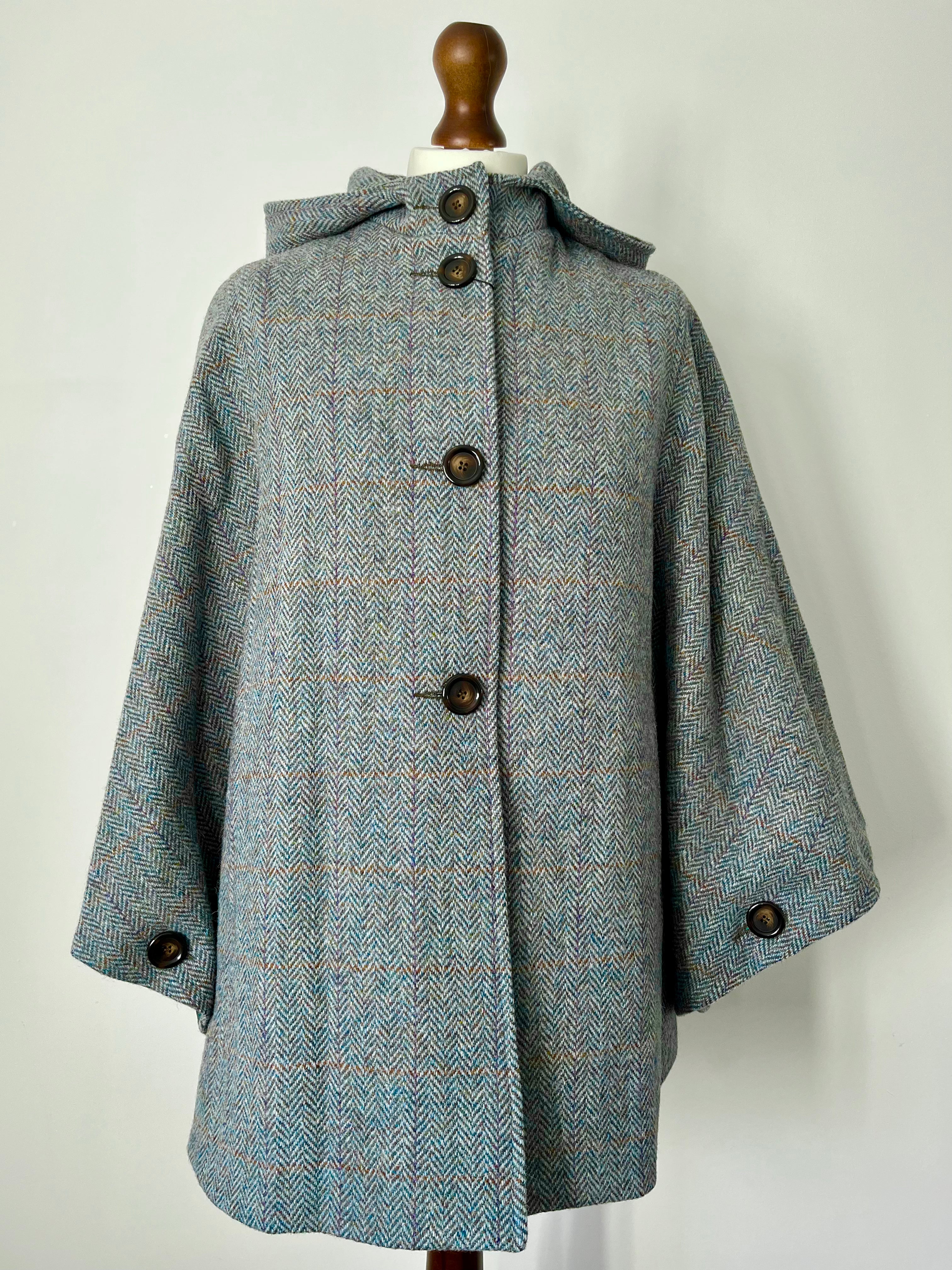 Harris Tweed Ladies Hooded Poncho Cape Duck Blue & Grey Opal Overcheck - One Size